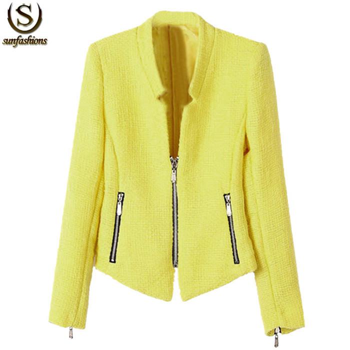 Fall New Arrival Clothing Hot Sale Female Vintage Fashion Long Sleeve Yellow Collarless Zipper Coat Women Casual Blazer