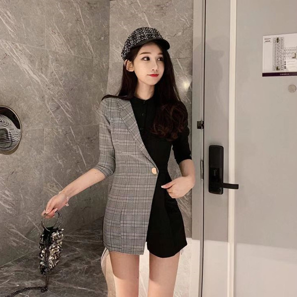 Women Blazers 2019 Casual Long Women Jacket Korean Fashion Clothing Black Grey Patchwork Color Half Sleeve Tops