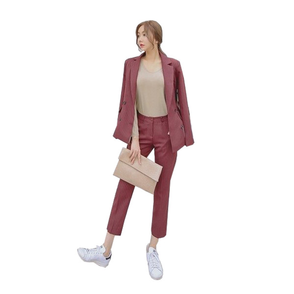2018 spring and autumn new Korean Slim professional striped small suit female casual double-breasted nine / pants two suits