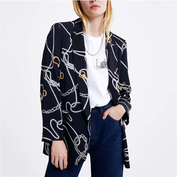 Women's Elegant Chain Print Blazer Feminino Women Long Sleeve Blazer Notched Collar Coat Female Outerwear