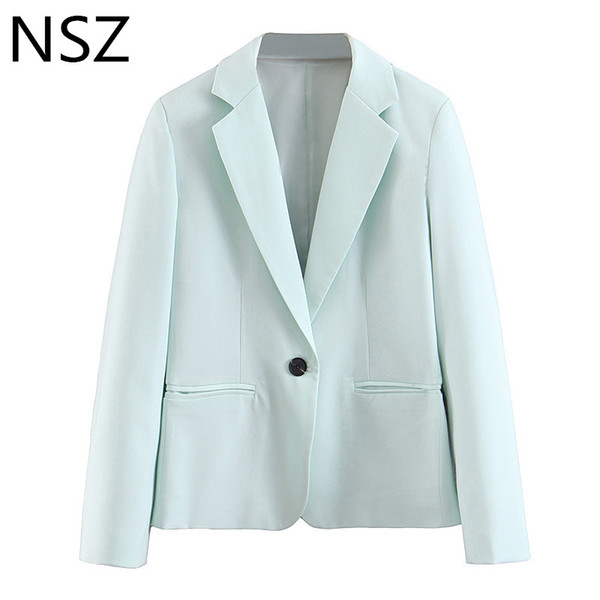 NSZ Women Sky Blue Blazer Single Button Office Jacket Long Sleeve Solid Work Coat Blazer Mujer