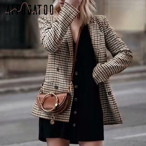 Affogatoo Fashion double breasted plaid blazer women Long sleeve slim OL blazer 2018 Casual autumn jacket blazer female Y200107