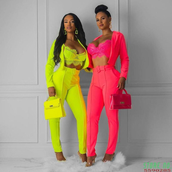 Women Casual Solid Two Pieces Sets Pant Suits with Sashes 2020 Spring Summer Blazers Coats and Pants Female Pant Suits Clothes