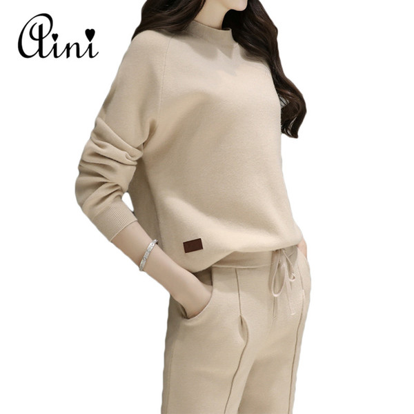 WAQIA Hot New 2017 Spring Knitting 2 Piece Set Women Sporting Suits Pure Color Pullover + Pants Sporting Wear Female Tracksuit