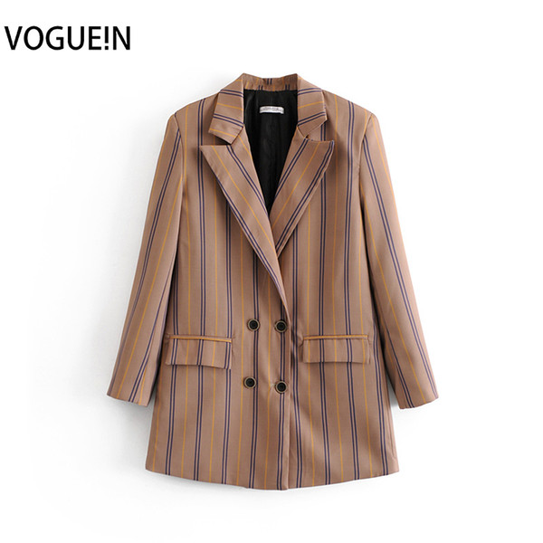 New Womens Casual Striped Print Coffee Long Sleeve Suit Blazer Coat Outwear