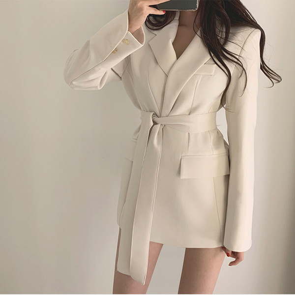 Korean Slim Elegant Career Women's Dress Blazer Black White Belt Female Office Look 2019 Summer Autumn Office Lady Blazers
