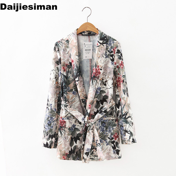 Women stylish floral print blazer Notched long sleeve open stitch sashes coat pockets casual outerwear casaco feminine tops