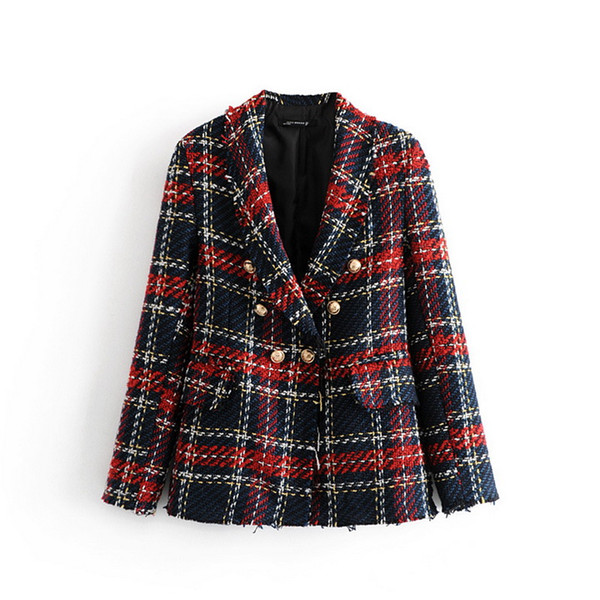 autumn new women blazers Tweed Plaid Double-Breasted Contrast Hem Burst Jacket female fashion suits outerwear ladies coats