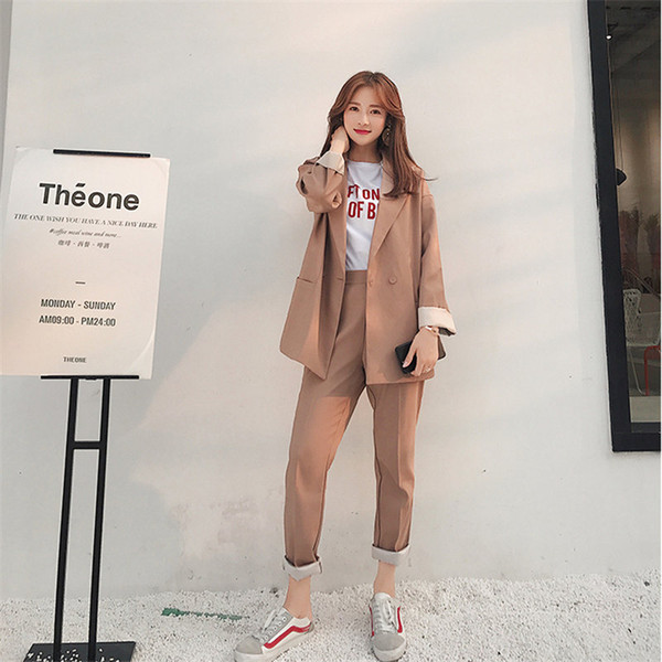 HziriP Style Solid Elegant 2019 Autumn All Match Office Lady Blazer +Casual Loose Straight Trouser Women 2 Piece Sets Suits