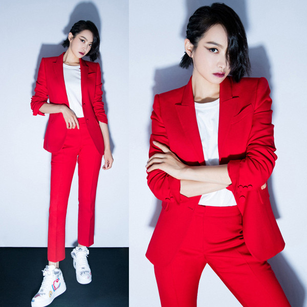 Suit female 2018 autumn temperament professional casual red suit jacket + nine pants elegant fashion two-piece women's clothing