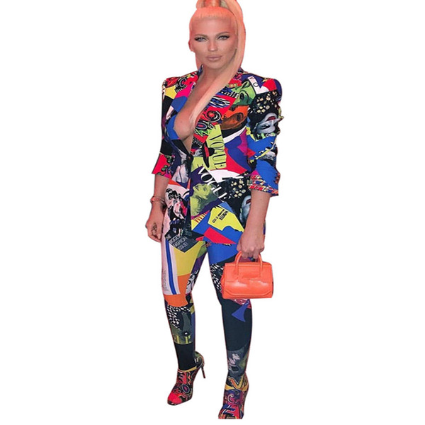 2018 autumn Summer fashion sexy women Printing long Blazer + skinny pant 2 pcs suits casual nightclub party tracksuit 4028