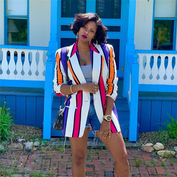 Autumn Womens Striped Printed Blazers Fashion Designer Lapel Neck Women Coat Casual Contrast Color Ladies Clothing