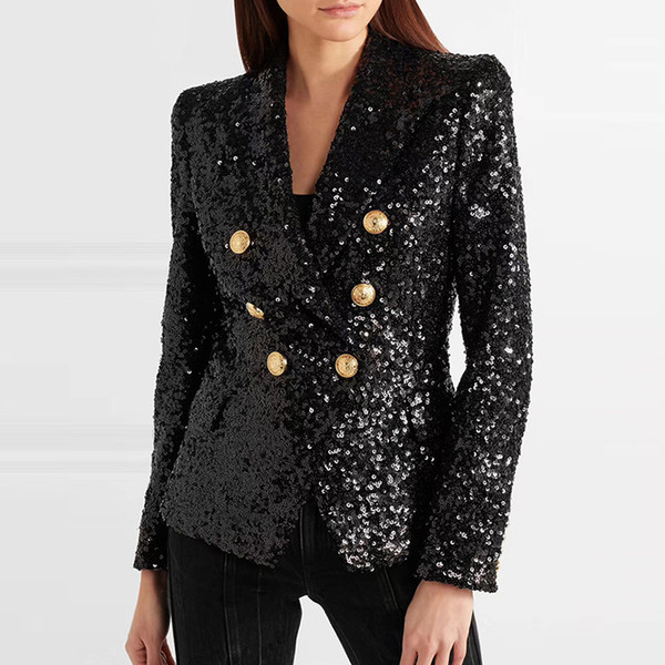 High Quality Black Sequin Blazers Women Gold Double Breasted Buckle Notched Neck Glitter Work Office Runway Blazer Mujer 2019