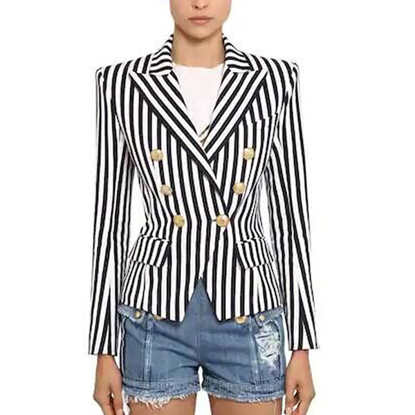 TOP QUALITY Newest Stylish Designer Blazer Women's Lion Buttons Double Breasted Classic Striped Print Blazer Jacket Striped slim suit 1