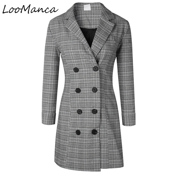 2018 Spring Long Blazers Notched Collar Thin Women Plaid Coats Korea Casual Full Sleeve Double Breasted Blazer jacket