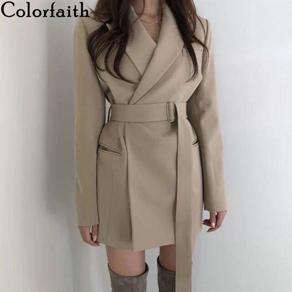 Colorfaith New 2019 Autumn Winter Women's Blazers Sashes Long Jackets Notched Outerwear England Style Solid Cardigan Tops JK9715