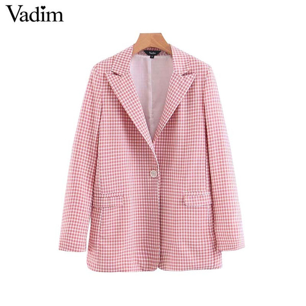 Vadim women pink plaid blazer pockets single button long sleeve female casual coats office wear outerwear chic tops CA441