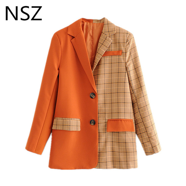 NSZ Women Checked Blazer Plaid Jacket Female Patchwork Long Sleeve Office Work Elegant Outerwear Business Suit Coat Blaser Mujer T190831