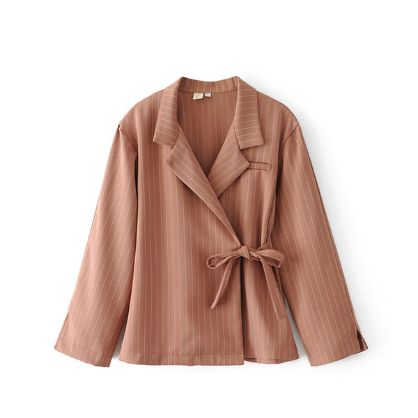 Kimono Women Striped Blazers 2019 Spring Sashes Bow Elegant Office Ladies Lace-up Long Sleeve Notched Tops Coat For Female