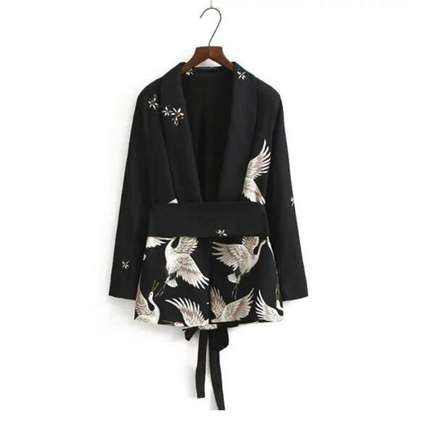 Chic Cranes Print Sashes Waist Black Blazer New Woman Shawl Collar Slim Fit Mid Long Suit Jacket Coat Outerwear With Belt MX190810