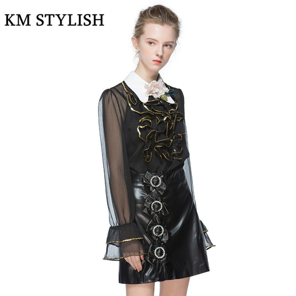 2017 Autumn New Fashion Sets Bow PU Skirt + Sequined Applique Long Sleeve Peter Pan collar Shirt Suits Black / Pink color