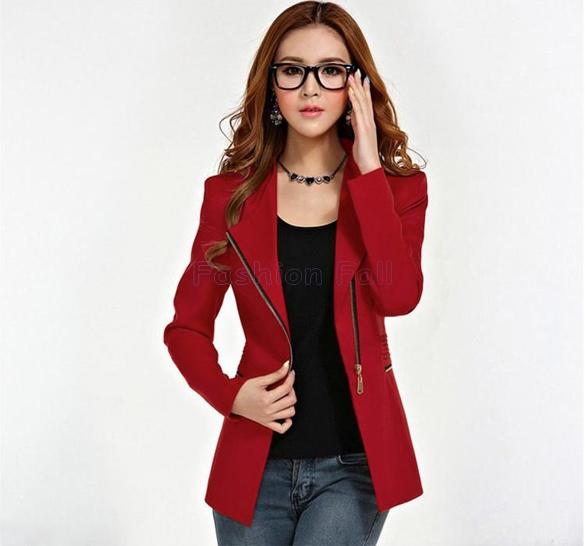 Wholesale-Blaser Feminino 2015 OL Women Work Wear Coat Casual Short Suit Women Blazer Biker Style Asymmetrical Zipper Ladies Jackets 6833