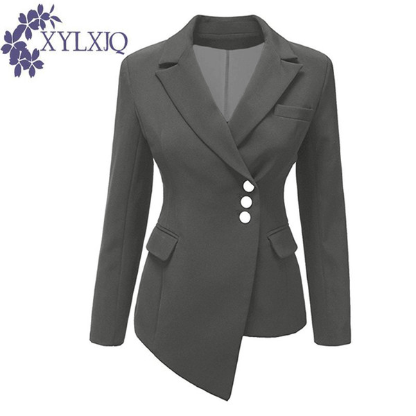 XYLXJQ Autumn Winter Women Slim Jacket Women's Long-sleeved Asymmetric Lapel Button Blazer feminino Ofiice chaqueta mujer JB163