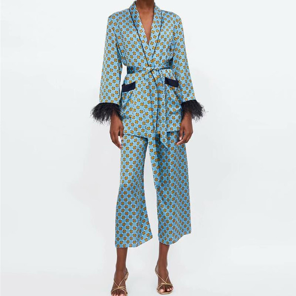 Women Pants Suits Sexy Printed Blazer Suits V Neck Long Sleeve Blazer Coat Jacket Belt Tassel Lace UpWide leg Pants Suit