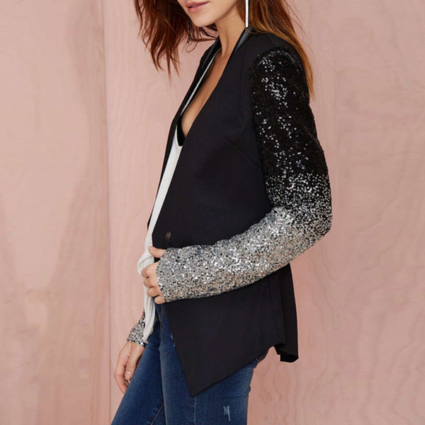 Women Thin Jacket Coat Long Sleeve Lapel Coat Patchwork Bling Silver Black Sequin Elegant Work Blazers Suit feminino