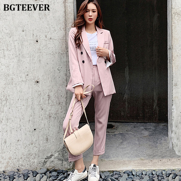 BGTEEVER Elegant Striped Women Blazer Suit Set Long Flare Sleeve Women Pant Suits Workwear 2 Pieces Set Female Trouser Suit 2019