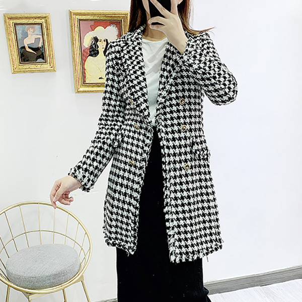 SeeBeautiful New Fashion 2019 Autumn Winter plaid Notched Collar Long Sleeve double breasket Loose Coat Single Suit Women Q482