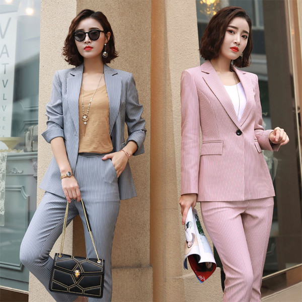 2020 Female Gray Pink Stripe Formal Business Elegant Pant Suits Ladies Women Pants Suits Lady Office Dress Jacket Blazer Set