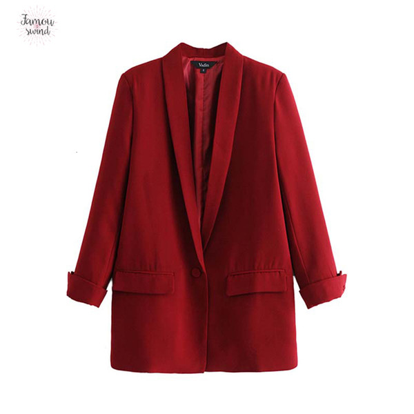 Women Chic Black Pockets Blazer Red Single Button Long Sleeve Office Wear Coat Solid Female Casual Tops Ca330