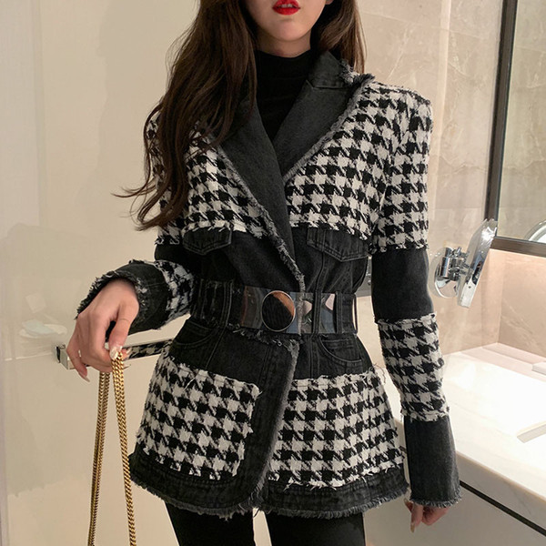 2019 Fall Winter Coat New Fashion Blazer Women Long Sleeve Metal Button Plaid Patchwork Denim Tweed Tassel Belt Thick Outerwear