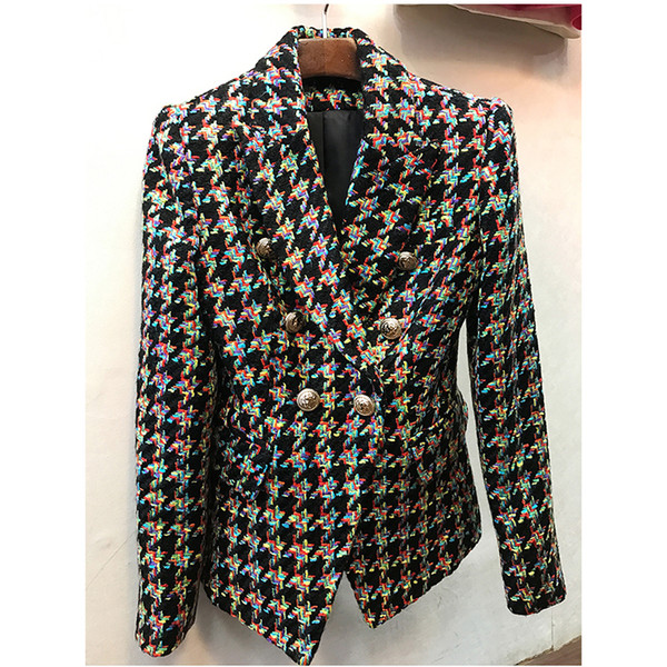 HIGH QUALITY Newest Fashion 2018 Designer Blazer Women's Lion Buttons Colors Houndstooth Tweed Jacket Overcoat