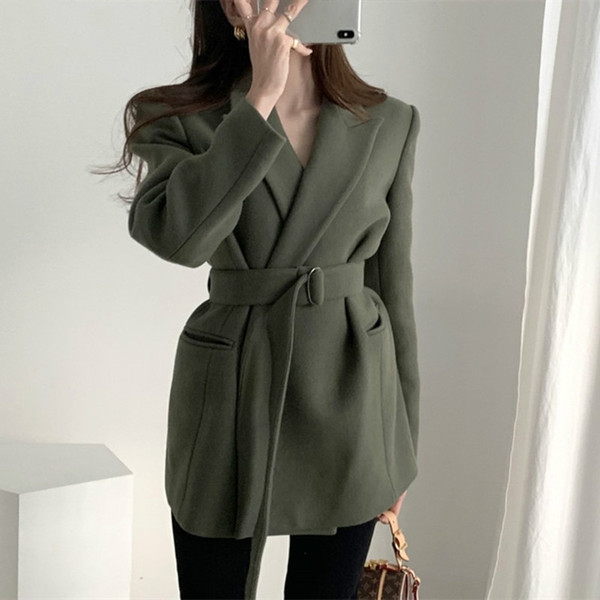 New 2020 Spring Winter Women's Blazers Woolen Pockets Formal Jackets Outerwear Lace Up Office Lady Wild Tops JK8033-1