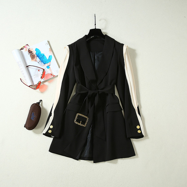 Fall Winter Long Sleeve V Neck Contrast Color With Sash Panelled Single Button Luxury Runway Blazers Long Coat Coats AG2114A2