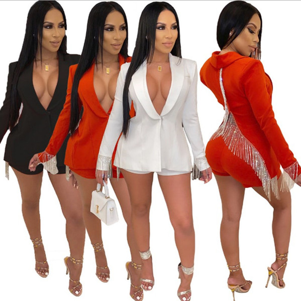 Women back spilt 2 piece set tassel Cardigan shorts sweatsuit fall winter clothing jacket coat leggings outfits sweatshirt bodysuits 1785