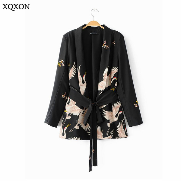 2017 Summer Bird Print Black Blazer Jackets Women Cool Slim Ladies Jacket With Belt Coat Blazer Casual Outwear
