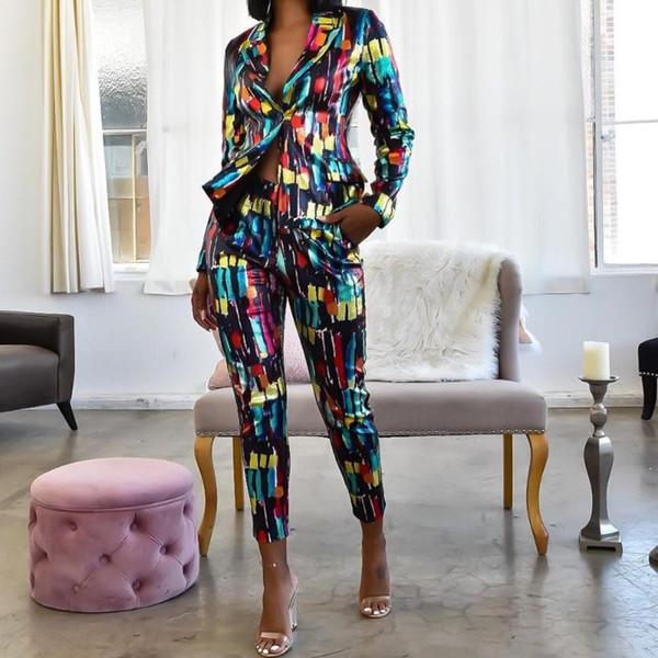 Echoine Colorful Sequin Women Pant Suits Blazer Jacket Pencil Pant 2 Piece Set Work Office business suits combinaison femme