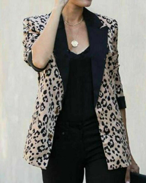 Women Leopard Blazer Ladies Fashion Slim Suit Jacket Coat Long Sleeve Casual Top