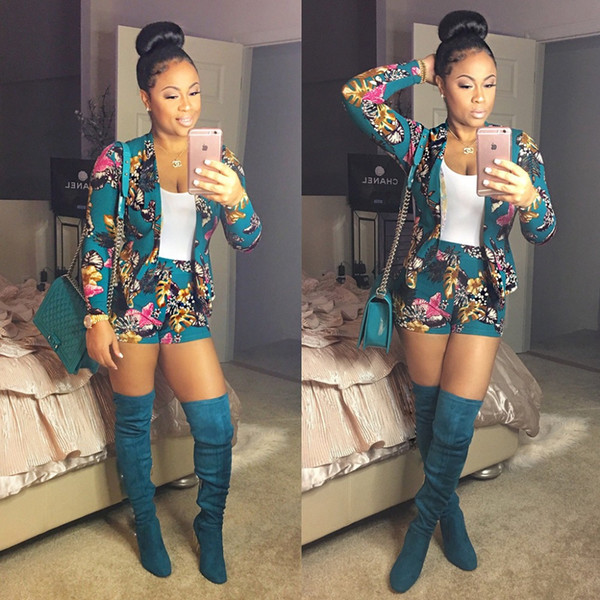 Fashion Women Two Pieces Shorts Set Spring Autumn Long Sleeve Floral Print Outfits Elastic Waist Shorts Girls Suit Sets S-XL
