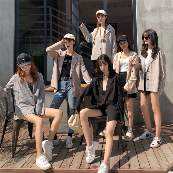 Korean Loose Blazer Mujer 2019 Vintage Oversize Women Blazers and Jackets Plaid Blazer Feminina