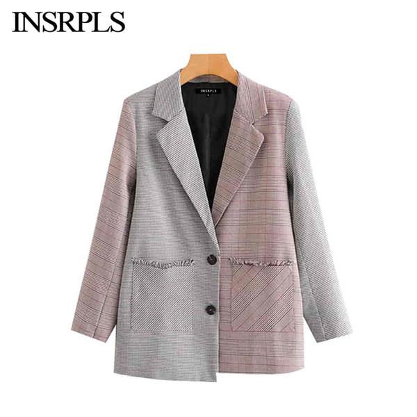 INSRPLS Women Vintage Stylish Patchwork Frayed Patchwork Blazer Coat Long Sleeve Pockets Office Wear Outerwear Chic Tops
