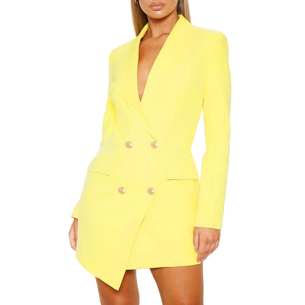 Autumn Women Blazer 2019 Casual Double Breasted Pockets Outerwear Long Jacket Coat Fashion Solid Irregular Office Ladies Blazer