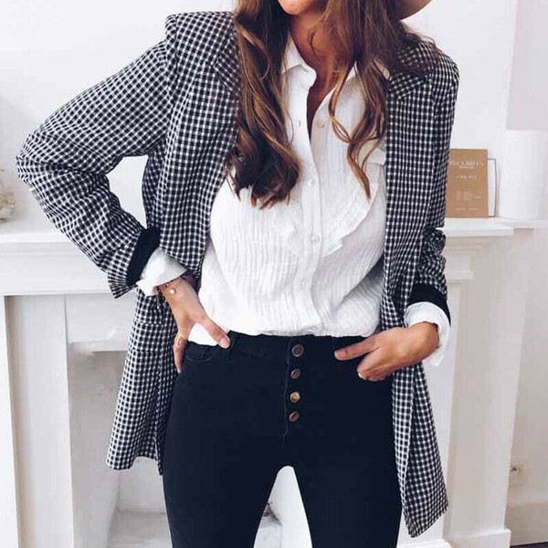 Fashion Women Casual Blazer Plaids Jacket Long Sleeve Tops Autumn Long Coat Pocket Slim Cardigan Outwear Overcoat Plus Size