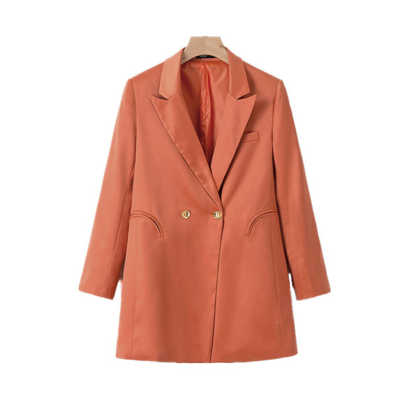 Women Satin Double Breasted Blazer Long Sleeve Gold Button Office Work Ladies Coat Jacket