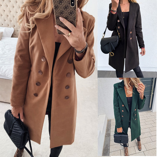 2020 Women's Solid Color Long Sleeve Coat Both Row Buckle Long Fund Heavy Woolen Cloth Jacket Loose Coat