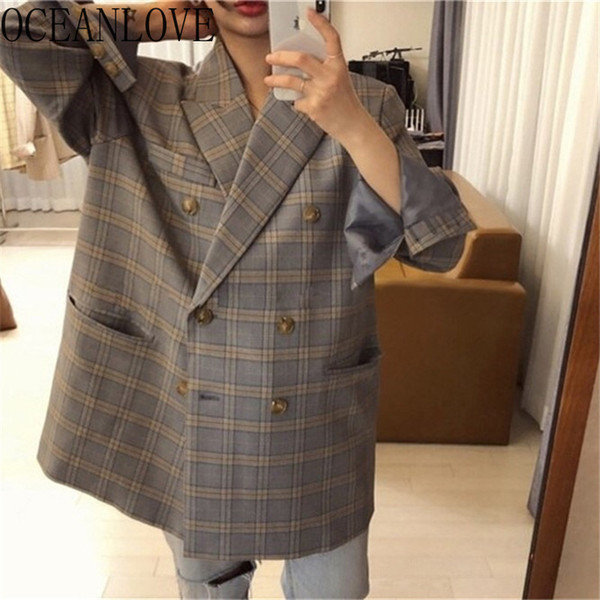 OCEANLOVE Double Breasted Loose Plaid Blazer Feminino Casual Notched Collar Korean Women Blazer Autumn 2019 Chaqueta Mujer 12621