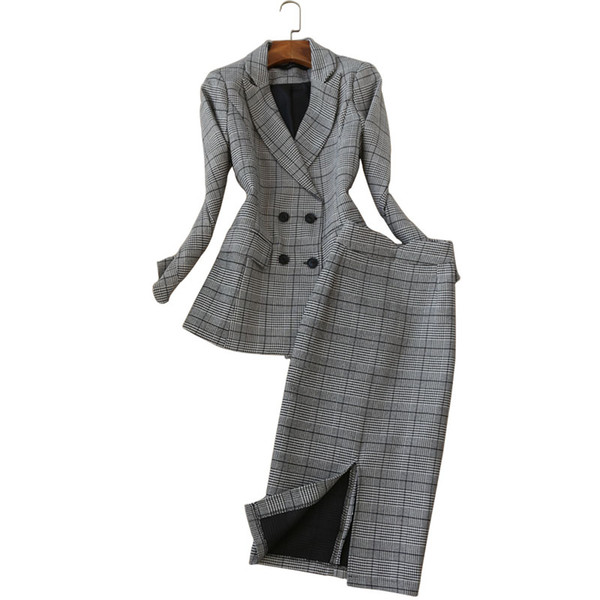 High quality elegant women's 2019 spring new fashion small suit fashion women's long-sleeved plaid suit + skirt two-piece Slim